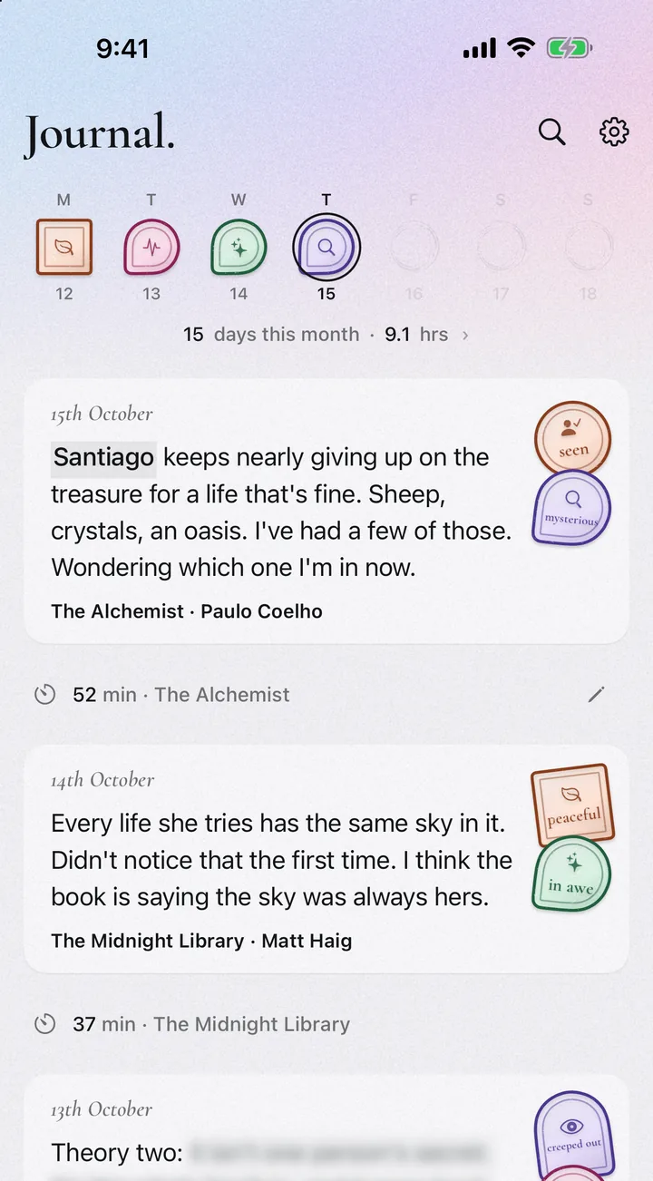 Readay reading journal app on iPhone: a week of postcards about The Alchemist and The Midnight Library, each stamped with how it felt