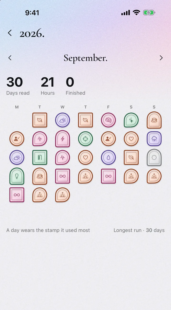 A month of reading days, each wearing the stamp it used most