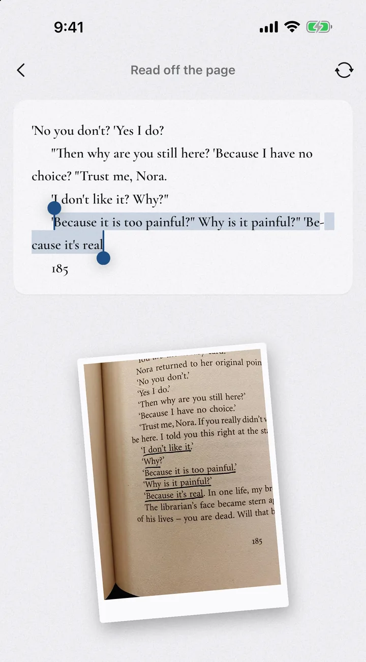 A photo of page 185 of The Midnight Library read into a saved quote