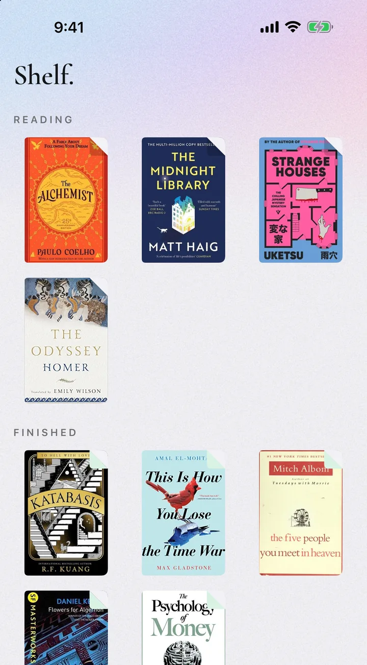 A shelf of reads with their covers: reading and finished