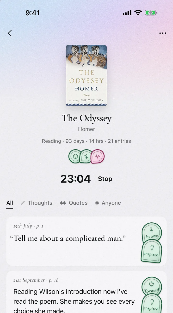 The Odyssey's page with the reading timer running